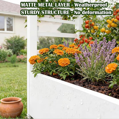 74" Mobile Planter with Trellis,Weatherproof Vertical Raise Garden Bed with Trellis & Hanging Roof for Climbing Plants,Flowers,Vegetables,Rust-Proof Metal Privacy Planter for Patio (White-B)