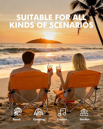 AKSOUL Folding Beach Chair for Adults: Low/High Back Chairs with Carry Bag - Extra Wide Seat Chair with Comfortable Pillow & Storage Pocket (1 Pack & 2 Pack, Blue)