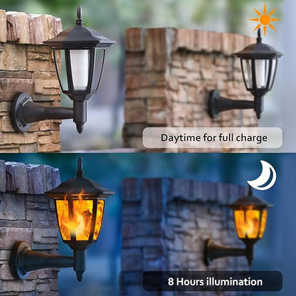 Dynaming 2 Pack Solar Flame Wall Lanterns Outdoor, Solar Powered Wall Mounted Sconce Lights, Flickering Flame LED Lights Auto On/Off Wall Hanging Lights, Waterproof for Garage Stair Patio Porch Yard