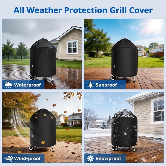 SunPatio Heavy Duty Waterproof Grill Cover Compatible for Weber, Big Green Egg, Char-Broil 22 Inch Charcoal Kettle Grills, Outdoor FadeStop BBQ Cover, Compared to Weber 7150, 27.5" Dia x 38" H