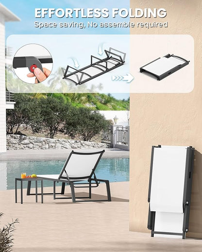 Aluminum Chaise Lounge Chair Outdoor, No Assembly & Foldable Patio Pool Lounge Chairs 5-Position Recliner for Outside, Fully Grounded Legs Sun Lounger for Poolside, 4 Packs, Bright White
