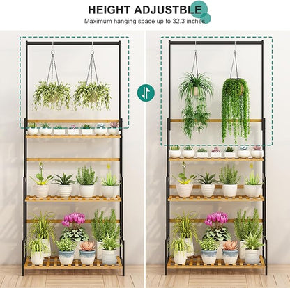 Ufine Bamboo Hanging Plant Stand 3 Tier Ladder Shelf with Hanging Rod Height Adjustable Flower Pot Display Organizer for Balcony Porch Living Room
