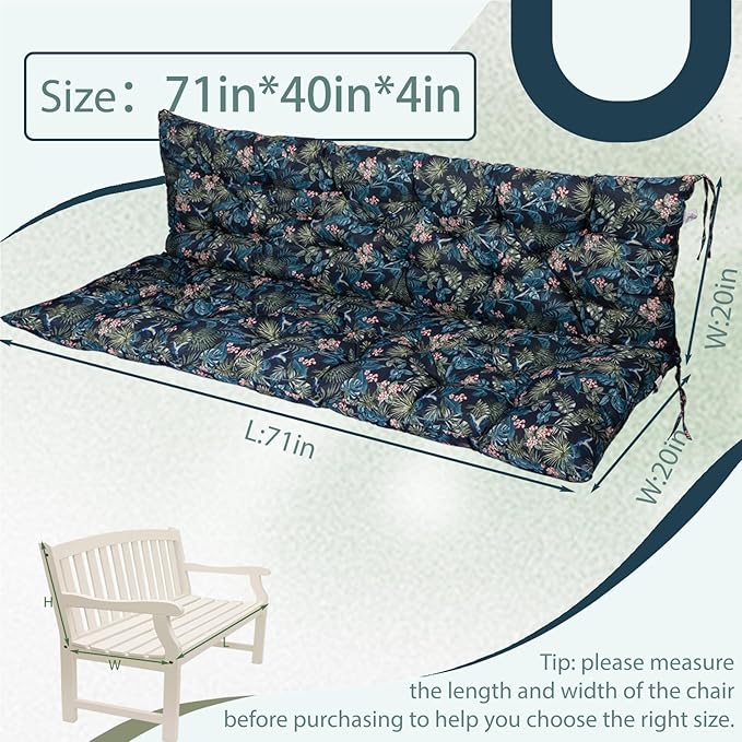 2/3 Seater Swing Replacement Cushion, Waterproof Porch Swing Cushions with Backrest, Thickened Bench Cushions for Outdoor Furniture, for Outdoor Patio Swing (Hummingbird, 71 * 40in)