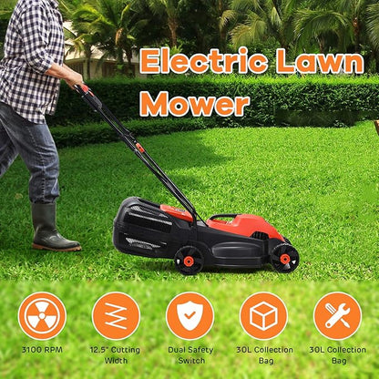 Happygrill Lawn Mower 13-Inch Electric Lawn Mower, Handle Push Corded Lawn Mowers with Grass Bag, Folding Handle, Adjustable Cutting Height for Garden Yard, 12 Amp,Red