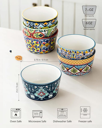 6 oz Ceramic Ramekins Set of 6, Boho Baking Cups & Dessert Dishes | Oven Safe, Ideal for Crème Brûlée, Soufflés, Custards, Puddings, Lava Cakes & Everyday Baking