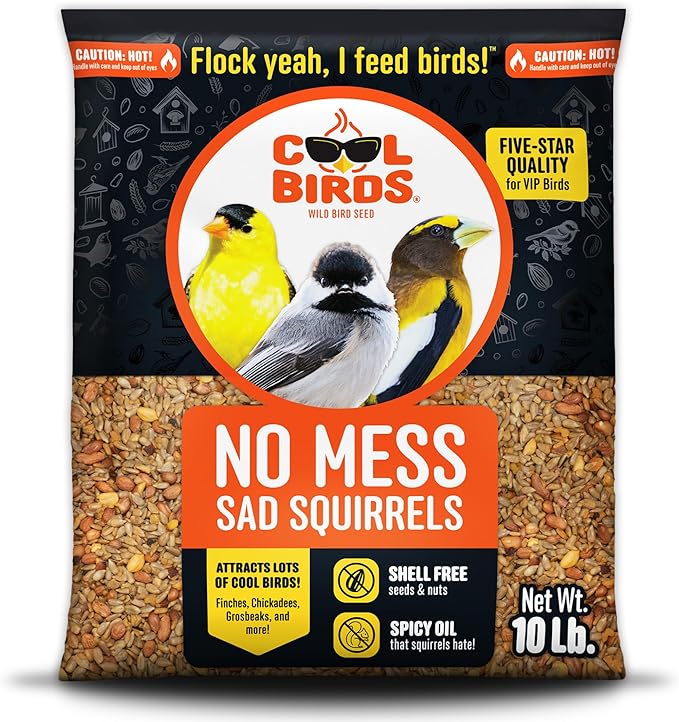 Cool Birds No Mess Sad Squirrels Hot Bird Seed – 10 lb. Spicy Shell-Free Blend with Peanuts, Sunflower Hearts & Chili Pepper Oil – No Waste, Squirrel-Resistant Bird Food for Outside Feeders