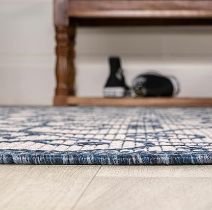 JONATHAN Y Vintage Filigree Indoor Outdoor Runner Rug 2X10 Blue/Cream, Madrid Textured Weave for Backyard, Patio, Porch, Easy-Cleaning, High Traffic, Pet-Friendly, Non-Shedding (SMB107F-210)
