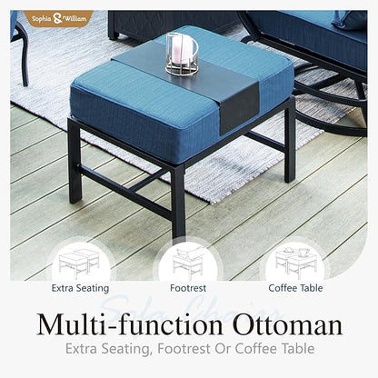 Sophia & William Patio Furniture Sets for 7 Outdoor Conversation Set 7 Pcs with 2 x Swivel Sofa Chairs, 2 x Armrest Chairs, 1 x 3-Seat Sofa, 2 x Ottomans Garden Backyard Poolside Peacock Blue