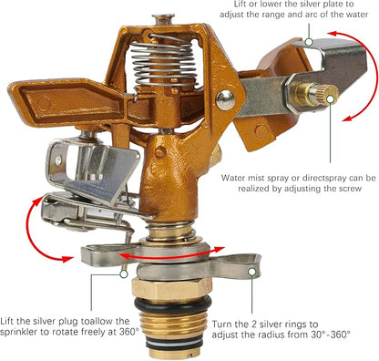 Impact Sprinkler on Tripod Base, Tripod Sprinklers with Brass Head, 360 Degree Large Area Irrigation with Extension Legs Flip Locks, Heavy Duty 3/4" Connector for Lawn Yard Garden