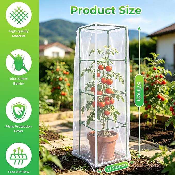 3 Pack Bird Netting Plant Cover for Tomato Cage with Zipper Drawstring, 57"x17.7" Mesh Covers for Garden Plants, Insect Small Animal Barrier Protection Net for Blueberry Bush Shrubs Fruits (No Cage)