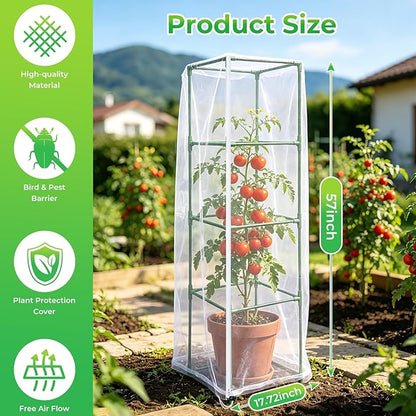 3 Pack Bird Netting Plant Cover for Tomato Cage with Zipper Drawstring, 57"x17.7" Mesh Covers for Garden Plants, Insect Small Animal Barrier Protection Net for Blueberry Bush Shrubs Fruits (No Cage)