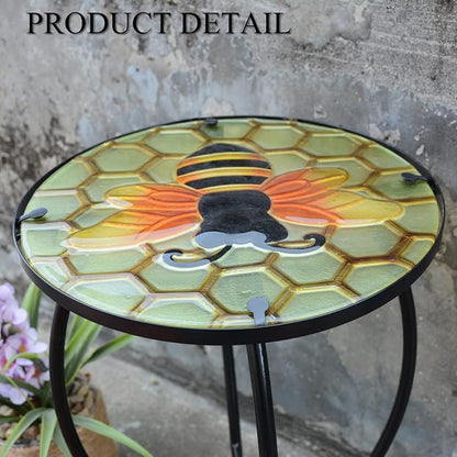 Bee Patio Side Table, Small Patio Outdoor Side Table, Plant Table,Metal Glass End Table for Porch Garden Yard Pool.