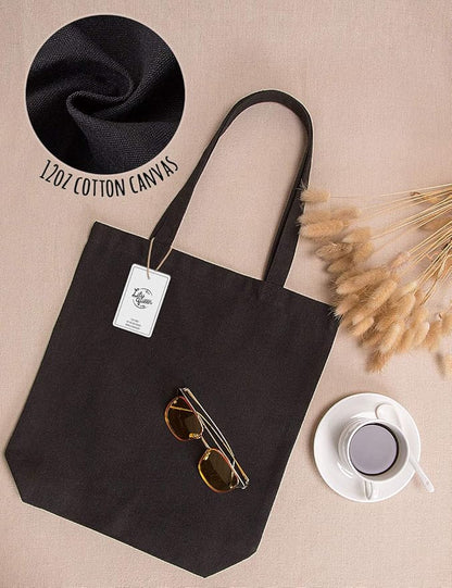 Lily queen Natural Canvas Tote Bags DIY Reusable Shopping Grocery Bag (Black - 12 Pack)