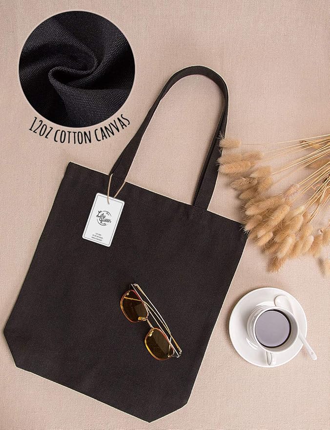 Lily queen Natural Canvas Tote Bags DIY Reusable Shopping Grocery Bag (Black - 6 Pack)