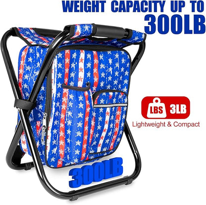 Kikerike Backpack Stool Cooler Chair Heavy Duty 300 LBS Max Load Portable Lightweight Stool Backpack Folding Fishing Cooler Seat for Camping Hunting Fishing - American Flag