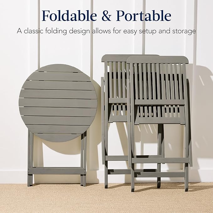 Best Choice Products 3-Piece Acacia Wood Bistro Set, Folding Patio Furniture for Backyard, Balcony, Deck w/ 2 Chairs, Round Coffee Table, Teak Finish - Gray