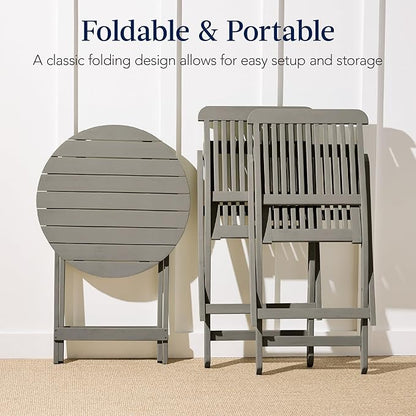 Best Choice Products 3-Piece Acacia Wood Bistro Set, Folding Patio Furniture for Backyard, Balcony, Deck w/ 2 Chairs, Round Coffee Table, Teak Finish - Gray