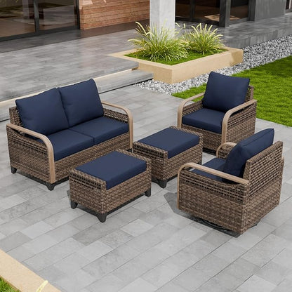 Modern Wicker Patio Furniture Set, Rattan Outdoor Conversation Set with Comfortable Cushions, 2 Swivel Rocking Chairs, 2 Seat Loveseat and 2 Ottomans, 5 Pieces, Brown/Blue