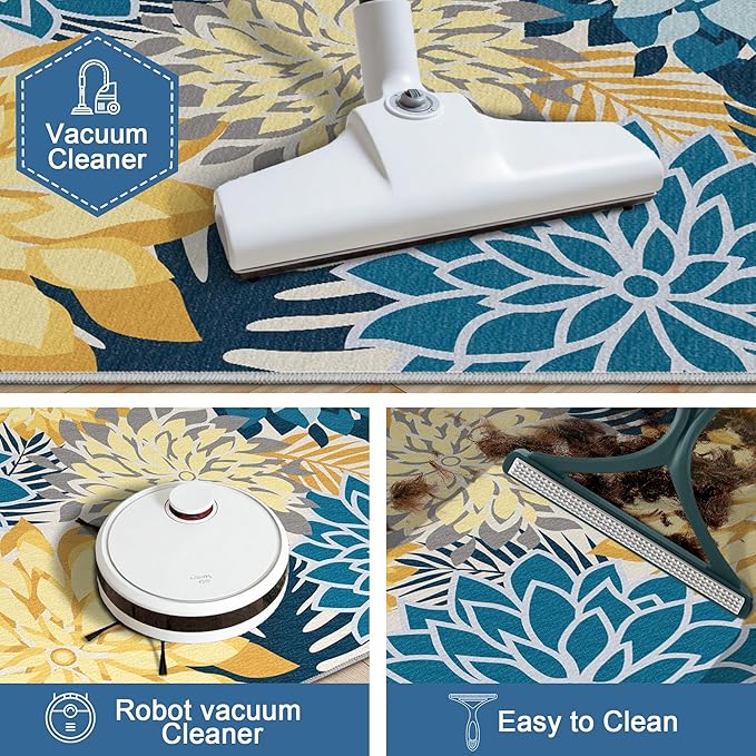 Colorful 9x12 Outdoor Area Rug Washable Multicolored Patio Rug Tropical Botanical Floral Chenille Waterproof Outdoor Carpet Non-Slip for Deck, Backyard, Porch, Ocean Dahlia