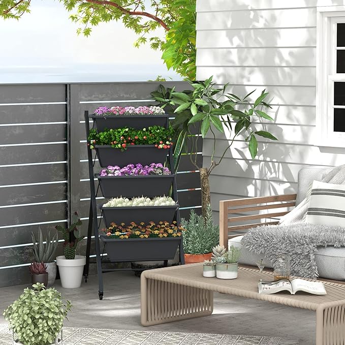 Vertical Garden Bed with Wheels, 5 Tier Raised Garden Bed w/Removable Planter Boxes, Lockable Wheels, Drainage Holes, Rolling Vertical Planter for Herb Vegetable Flower, Outdoor Patio Balcony