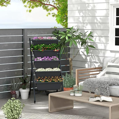 Vertical Garden Bed with Wheels, 5 Tier Raised Garden Bed w/Removable Planter Boxes, Lockable Wheels, Drainage Holes, Rolling Vertical Planter for Herb Vegetable Flower, Outdoor Patio Balcony