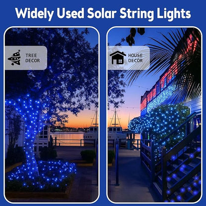 4 Pack 180FT Solar Christmas Lights Outdoor Waterproof, Super Bright 320 LED Solar String Lights with 8 Lighting Modes, Green Wire Solar Twinkle Fairy Lights for Outside Tree Xmas Party Garden(Blue)