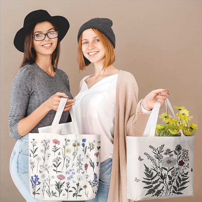 Bencailor 2 Pcs Spring Flower Canvas Tote Bags Reusable Wildflowers Herbs Plant Grocery Bags for Women Shopping Spring Gifts(Flower)