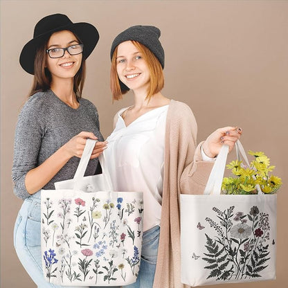 Bencailor 2 Pcs Spring Flower Canvas Tote Bags Reusable Wildflowers Herbs Plant Grocery Bags for Women Shopping Spring Gifts(Flower)