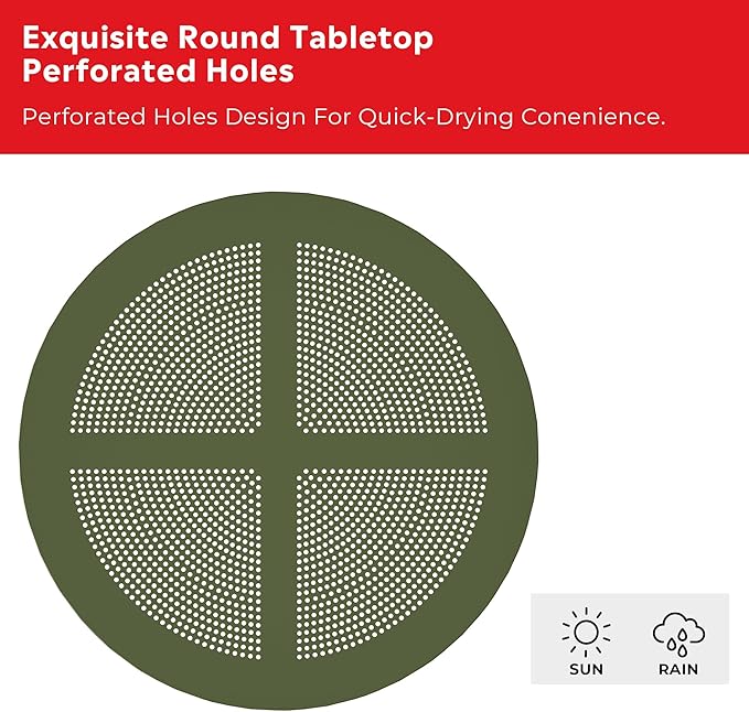 Costaelm Dining Table for 4 with Chair, HDPE Patio Round Dining Table and Stackable Chair, Outdoor Patio Furniture All Weather for Backyard Porch Poolside, Olive Green