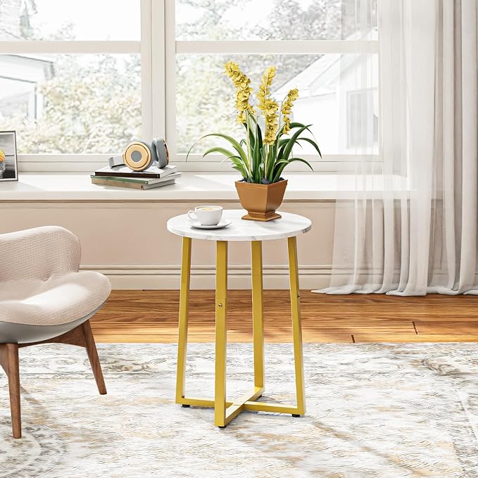 HOOBRO Side Table, Round End Accent Table with Sturdy Metal Pedestal, 15.7" Round Nightstand, for Living Room, Bedroom, Balcony, Office, Marble and Gold DM95BZ01
