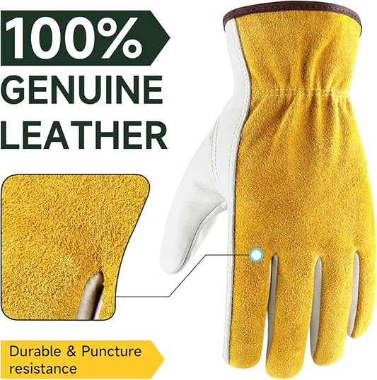 OZERO Leather Work Gloves for Men & Women, 24 Pairs Bulk Genuine Cowhide Garden Gloves, Lab Tested EN388 2143X, Flexible Grip, Breathable Unlined Comfort, Elastic Wrist (Gold/Light Cyan, Medium)