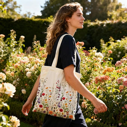 METALPHA Aesthetic Tote Bag for Women Girls - Resuable Double-Sided Printed Canvas Tote Bag with Snap Closure and Pocket