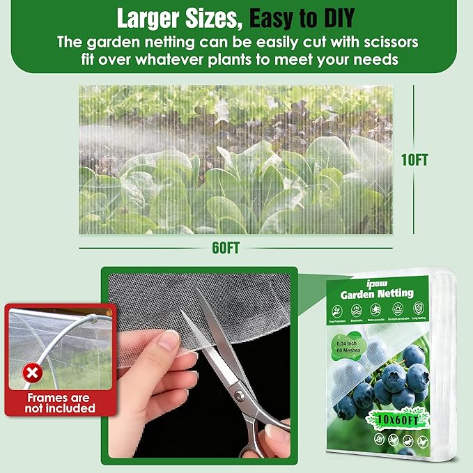 10 X 60FT Garden Mesh Netting Ultra Fine Mesh Netting Pest Barrier for Raised Beds, Mosquito Insect Bug Bird Netting for Blueberry Bushes Strawberry Fruits Vegetables Flowers Plants Cover Protection