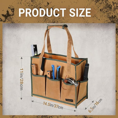 Heavy-Duty 16oz Waxed Canvas Tool Tote Bag - Water-Resistant Wide Mouth Organizer with Reinforced Handle | Large Capacity Tool Storage for Wrenches (16.5" x 12.5" x 6.5", Khaki)
