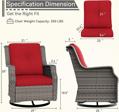 Swivel Patio Chair Outdoors - 360 Degree, Set of 2, Glider Chair with 3.5" Olefin Fabric Cushions (Mixed Grey Rattan/Red)