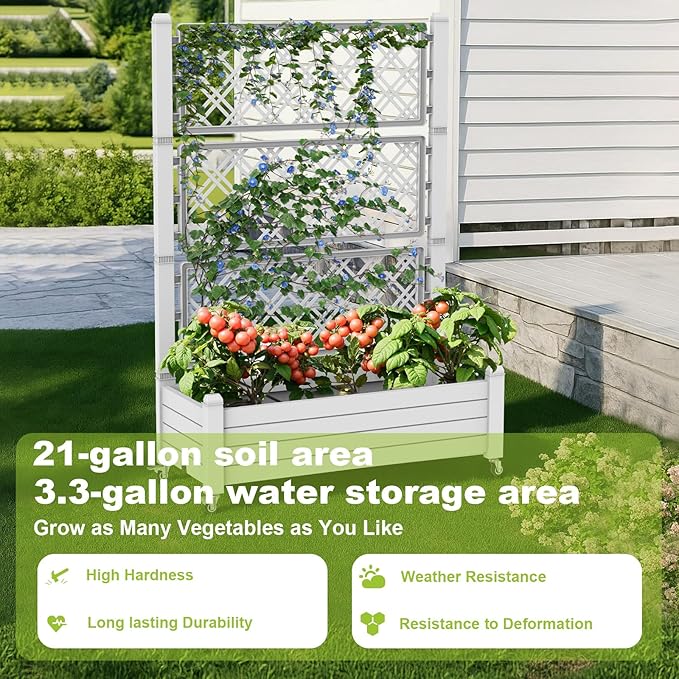 Vixzen 64" Tall Raised Garden Bed,Outdoor Large Resin Planter Box with Trellis and Drain Plug for Climbing Plants,Easy to Assemble,Water Monitor,Mobility(Ashen, 43.43"×18.27"×64.29")