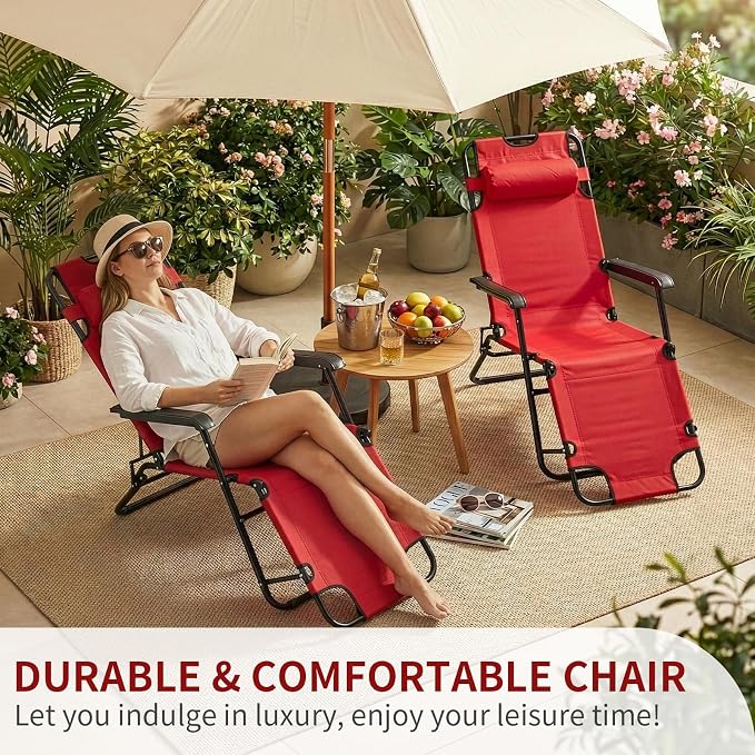 Outvita Folding Chaise Lounge Chair, Outdoor Adjustable Recliner Chair with Pillow for Camping, Beach, Poolside, Garden, Backyard, Lawn