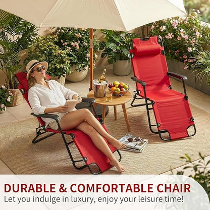 Outvita Folding Chaise Lounge Chair, Outdoor Adjustable Recliner Chair with Pillow for Camping, Beach, Poolside, Garden, Backyard, Lawn