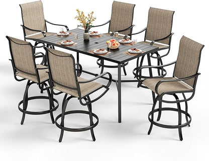 PHI VILLA 7 Piece Outdoor Bar Set, Counter Height Patio Bar Furniture Rectangle Dining Table and 6 Swivel Bar Stools Chairs with Brown Textilene Fabric for Garden,Yard and Deck