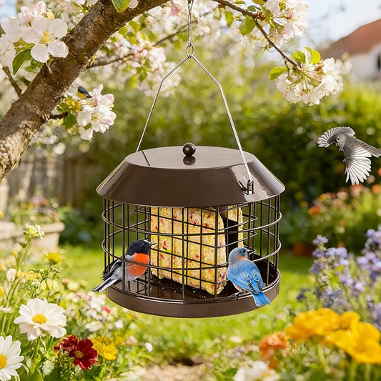 Gbekery Caged Suet Bird Feeder for Outdoors Hanging, Squirrel Proof Double Suet Feeder for Small Birds, Metal Cage with Detachable Hook, Large Space, Outdoors Weatherproof, Brown