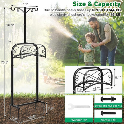 Gtongoko Garden Hose Holder for Outside 70" with 4 Prongs Base & 2 Shepherds Hooks Heavy Duty Freestanding Metal Water Hose Holder Stand Holds Up to 150FT Hose & 44LB Detachable Hose Storage for Yard