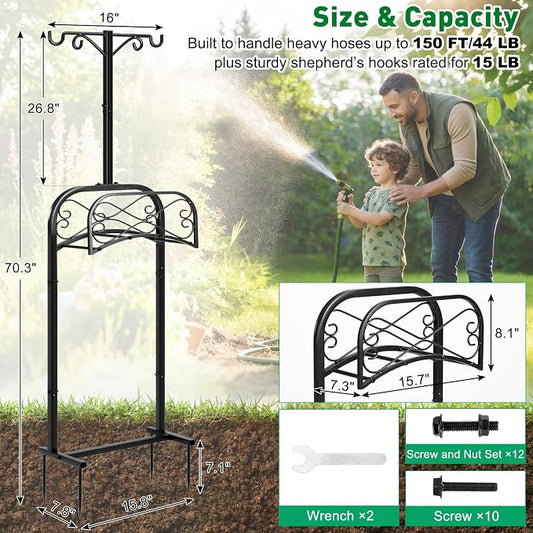 Gtongoko Garden Hose Holder for Outside 70" with 4 Prongs Base & 2 Shepherds Hooks Heavy Duty Freestanding Metal Water Hose Holder Stand Holds Up to 150FT Hose & 44LB Detachable Hose Storage for Yard