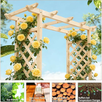 Outvita Raised Garden Bed with Trellis, Wood Planter Box with Hanging Roof, Side Trellis and Drainage Holes, Above Ground Elevated Garden Bed for Outdoor Climbing Plants Vegetables (Natural Wood)