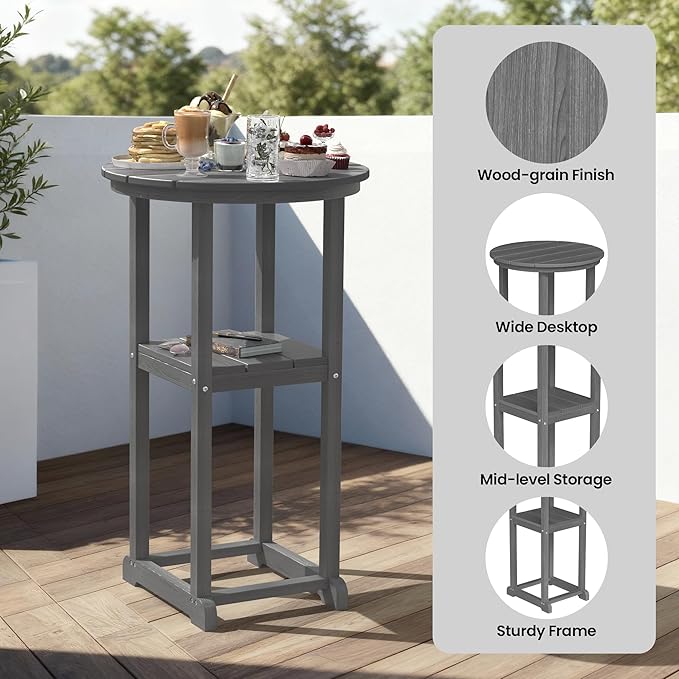 Ciokea Balcony Chairs and Table 3 Pieces Set, Outdoor High Top Bar Set, HDPE Oversized Adirondack Bar Chairs Set of 2 and Round Table for Outside Dining Bistro Poolside Backyard, Grey