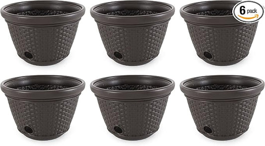 Suncast 6 Pack Decorative Wicker Garden Hose Holder Pot with 4 Drain Holes for 100 Foot Hoses, Java