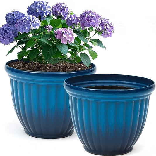 15" Outdoor Large Flower Pots (Set of 2), Gradient Blue Plastic Planters with 3D Texture, Weather-Resistant for Garden, Patio, Porch or Indoor Use