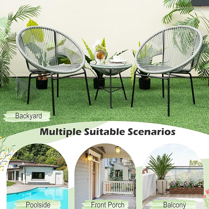 COSTWAY 3-Piece Outdoor Acapulco Chair Set, Wicker Conversation Bistro Sets with Plastic Rope, Glass Top Table, Patio Rattan Furniture Set for Garden, Balcony, Lawn, Backyard, Apartment, Grey