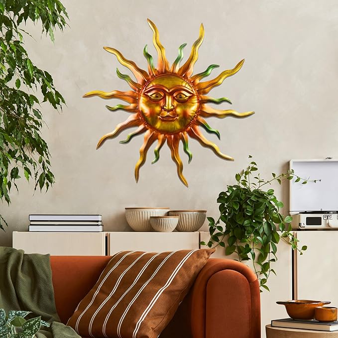 30" Outdoor Metal Wall Art, Large Metal Wall Decor Sun Face Art Decoration, Outdoor Metal Art Wall Sculptures for Garden Hanging for Yard Patio Garden(Green)