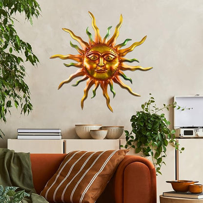 30" Outdoor Metal Wall Art, Large Metal Wall Decor Sun Face Art Decoration, Outdoor Metal Art Wall Sculptures for Garden Hanging for Yard Patio Garden(Green)