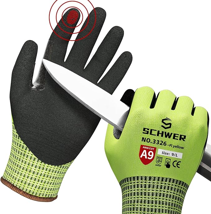 Schwer ProGuard Highest Level Cut Resistant Work Gloves PR3326 for Extreme Protection, ANSI A9 Working Gloves with Sandy Nitrile Coated, Touch-screen, Durable, Washable, Yellow 1 Pair L